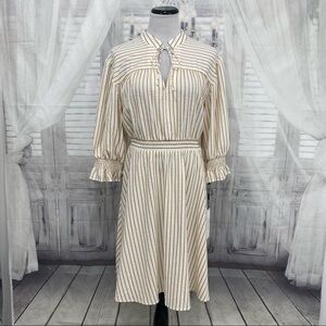 Calvin Klein Size 10 Cream Gold Striped V-Neck Dress Smocked Sleeve Fit & Flare